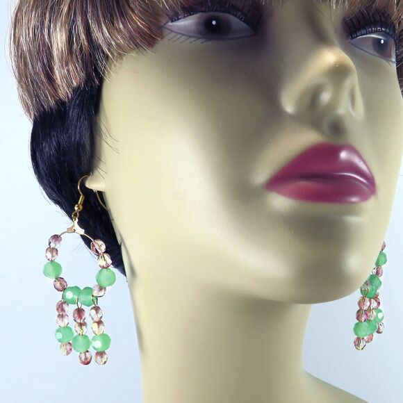 Handmade Dangle Earrings With Hoops and Green Glass Beads & Rose Crystal Dangles - Picture 2 of 7